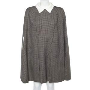 Fendi Brown Microcheck Wool Contrast Collar Cape Sleeve Detail Mini Dress M