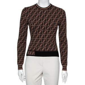 Pre Owned Fendi Brown Brown Zucca Monogram Jacquard Long Sleeve Jumper S