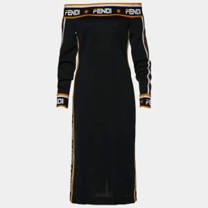 Fendi Grey Knit Abito Off The Shoulder Logo Trim Dress M