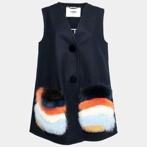 Fendi Navy Blue Wool & Fur Pocket Detail Gillet M