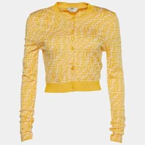 Pre Owned Fendi Yellow Rib Knit FF Vertigo Cropped Cardigan S