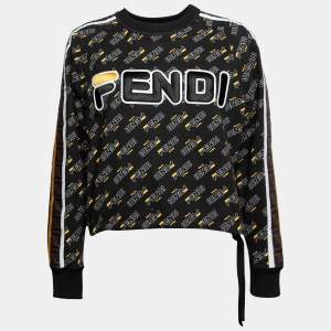Pre Owned Fendi Black Cotton Logo Embroidered Crewneck Sweatshirt S
