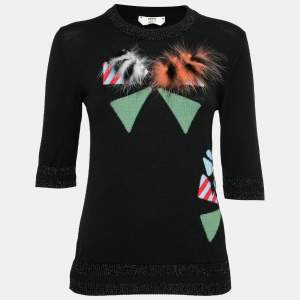 Pre Owned Fendi Black Intarsia Knit Fur Detail Crewneck Sweater S