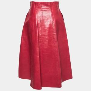 Fendi Red Leather A Line Midi Skirt M