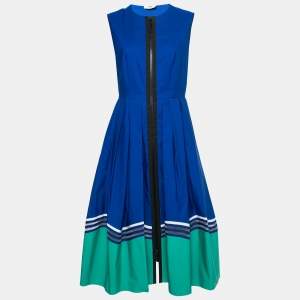 Fendi Blue & Green Paneled Cotton Zip Front Flared Midi Dress M
