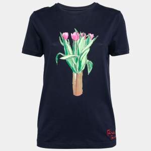 Fendi Navy Blue Cotton Bouquet Printed Short Sleeve T-Shirt S