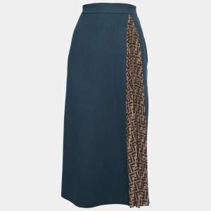 Fendi Blue Wool FF Pleated Inlay Midi Skirt XS
