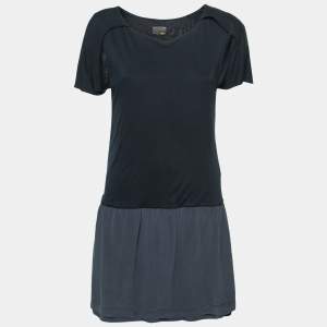 Pre Owned Fendi Navy Blue Jersey & Silk Cut-Out Sleeve Detailed Dress S