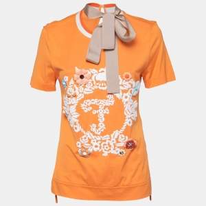 Pre Owned Fendi Orange Cotton Floral Embroidered Applique Detail Short Sleeve T-Shirt S 