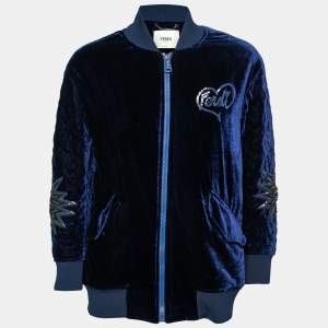 Pre Owned Fendi Blue Velvet Heart Embroidered Bomber Jacket S