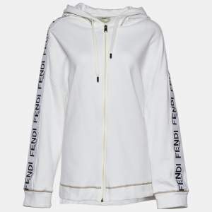 Fendi White Cotton Logo Detail Zip Up Hoodie L