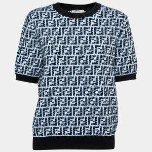 Fendi Blue Embroidered Logo Pattern Knit Short Sleeve Top L 