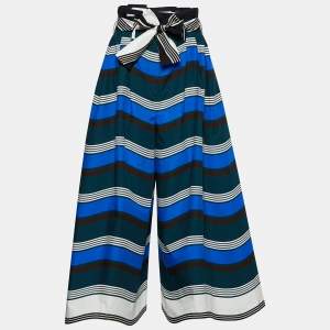 Fendi Multicolor Wave Print Cotton Belted Wide Leg Trousers S