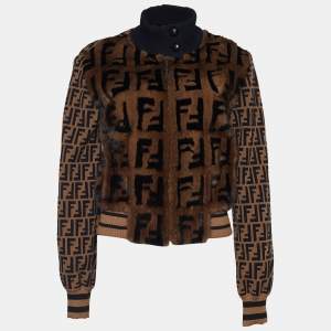 Pre Owned Fendi Brown Logo Monogram Knit Mink Detail Bomber Jacket S