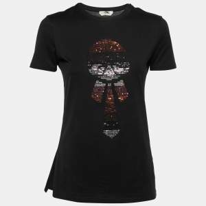 Pre Owned Fendi Black Cotton Sequin Embellished Short Sleeve T-Shirt XS