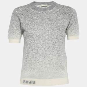 Fendi Grey Gradient Perforated Cashmere Knit Pullover Top S