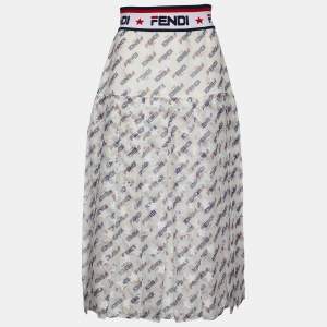 Pre Owned Fendi x Fila White Fendi Mania Print Silk Pleated Midi Skirt M