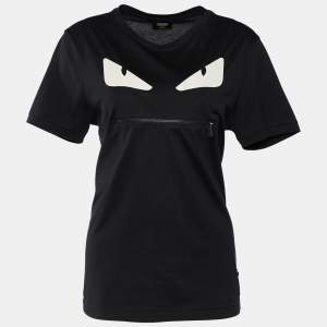 Pre Owned Fendi Black Monster Eye Printed Cotton Knit Zip Detail T-Shirt L