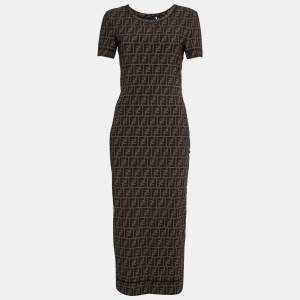 Pre Owned Fendi Brown Zucca Monogram Mesh Sheath Dress M 