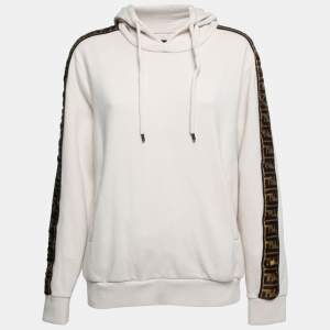 Pre Owned Fendi Off White Cotton Band Logo Trim Hoodie XL