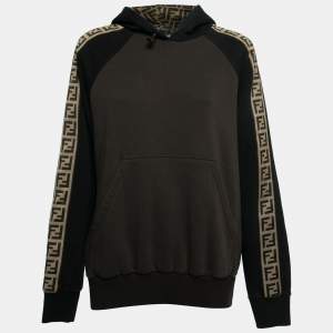 Pre Owned Fendi Black & Brown Cotton Band Logo Trim Hoodie L