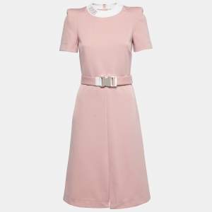 Pre Owned Fendi Pink Crepe Rib Knit Collar Detail Belted Midi Dress S