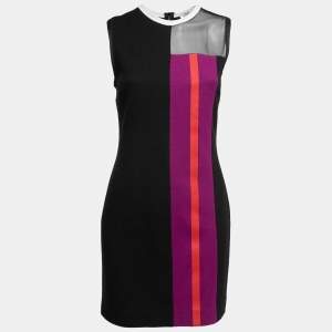 Pre Owned Fendi Black Wool Purple Panelled Shift Dress S 