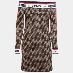 Fendi Brown Zucca Jacquard Knit Logo Tape Trimmed Off-Shoulder Dress M