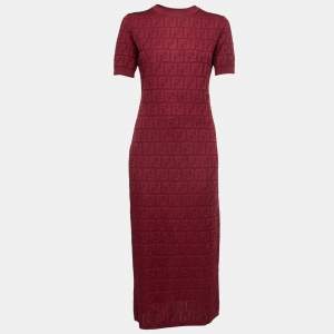 Pre Owned Fendi Burgundy FF Intarsia Knit Midi Dress M
