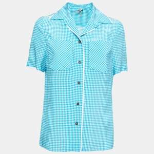 Fendi Blue Checked Silk Pocketed Short Sleeve Shirt XS