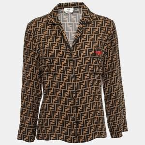 Pre Owned Fendi Brown Zucca Monogram Silk Button Front Shirt S