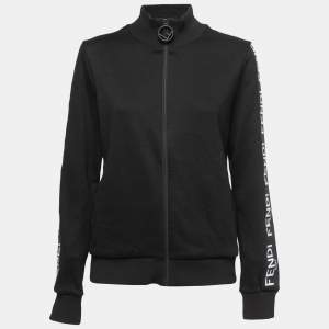 Fendi Black Cotton Logo Band Detail Zip-Up Jacket L