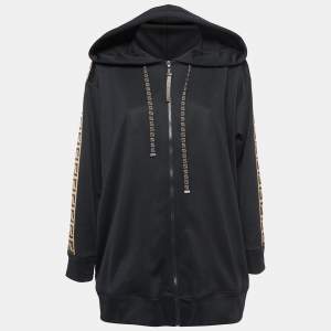 Pre Owned Fendi Black Jersey Logo Tape Detail Zip-Up Hooded Jacket XL
