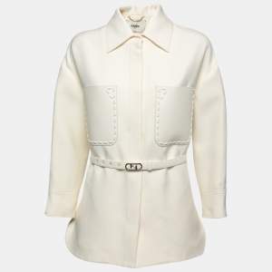 Fendi Cream Wool & Silk Belted Leather Pocket Jacket S