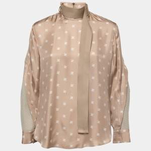 Pre Owned Fendi Beige Calligraphy Print Belted Collar Detail Blouse S