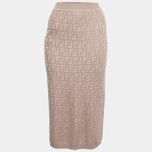 Pre Owned Fendi Blush Pink FF Logo Knit Midi Skirt S