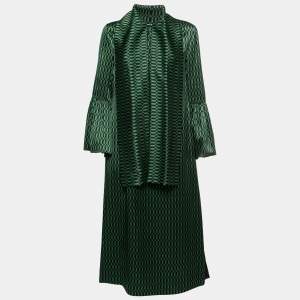 Pre Owned Fendi Green Geometric Patterned Silk Tie Neck Pleated Midi Dress S