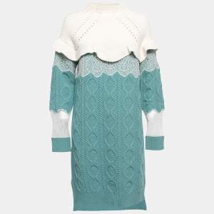 Fendi Green Wool Blend Cable Knit Lace Trim Ruffled Sweater Dress S
