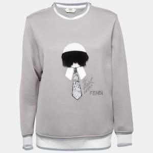 Fendi Grey Sequin Embroidered Cotton Knit Crew Neck Sweatshirt S