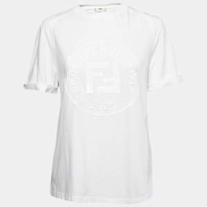 Fendi White Cotton Sequined Logo Fringed T-Shirt S