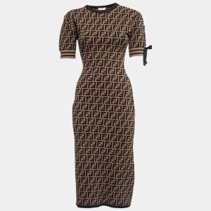 Pre Owned Fendi Brown Zucca Monogram Intarsia Knit Midi Bodycon Dress L