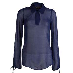 Pre Owned Fendi Indigo Cotton Draw String Long Sleeve Top M