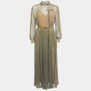 Fendi Olive Green Printed Pleated Silk Belted Maxi Dress M