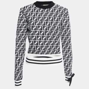 Pre Owned Fendi Black/White FF Logo Jacquard Knit Crop Top L