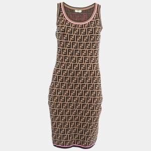 Fendi Brown Zucca Patterned Knit Sleeveless Bodycon Dress M