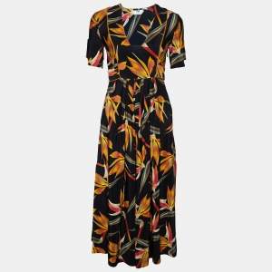 Pre Owned Fendi Black Floral Printed Silk Midi Dress S