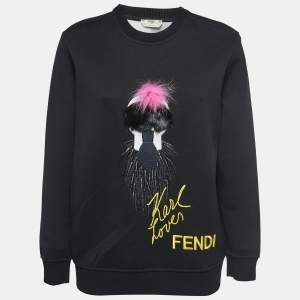 Pre Owned Fendi Black Logo & Karl Signature Embroidered Cotton Crew Neck Sweatshirt S