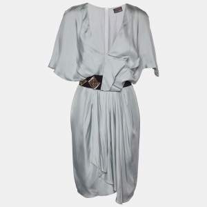 Fendi Grey Silk Embellished Waist Detail Draped Kimono Sleeve Dress S
