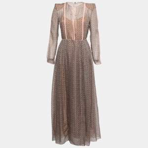 Fendi Brown/Pink Printed Silk Chiffon Long Sleeve Maxi Dress S