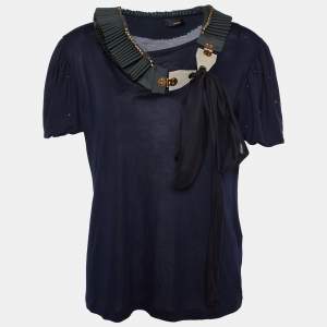 Fendi Navy Blue Knit Neck Trim Detail T-Shirt M